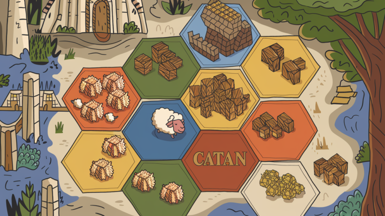 Catan fan art illustration featuring various resource tiles and a sheep token.