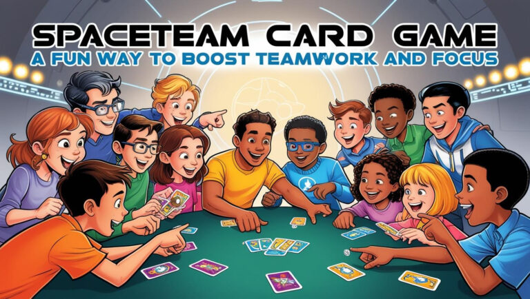 Teenagers playing Spaceteam card game, pointing and smiling.