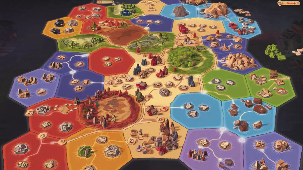 Detailed Catan fan art illustration featuring a sprawling game board with various terrain tiles and player settlements