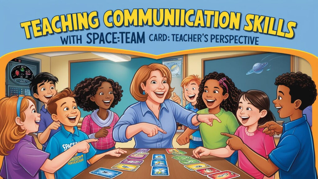 A group of students and a teacher playing the Spaceteam card game in a classroom setting, with cards spread out on a table.
