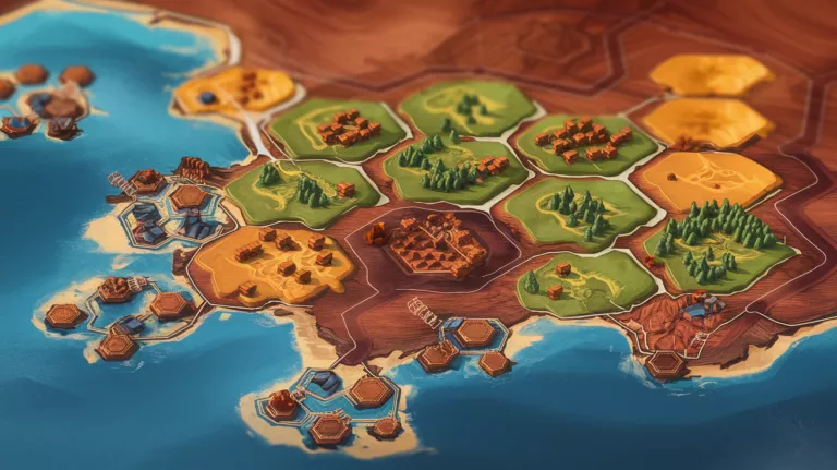 A detailed illustration of a Catan board game setup featuring various terrain tiles and player pieces.
