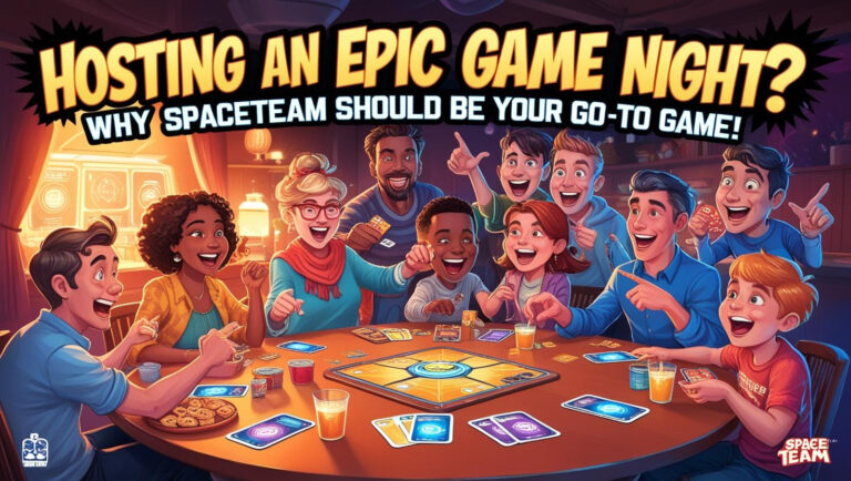 A group of friends playing the Spaceteam card game at a lively game night, with cards and snacks on the table.