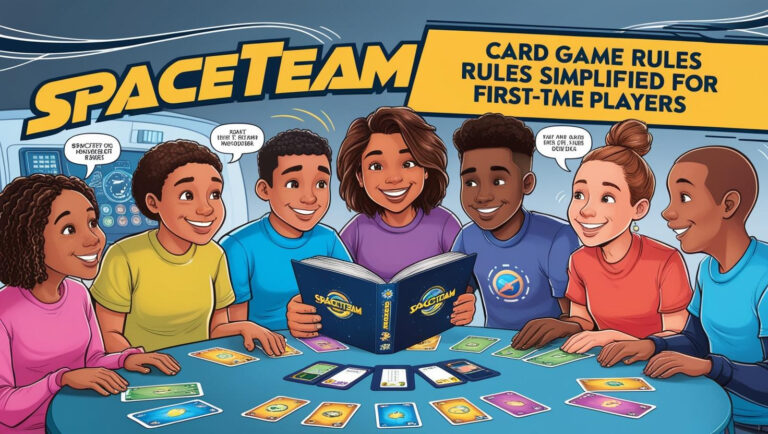 A group of players learning the rules of the Spaceteam card game from a rulebook, with cards spread out on the table.