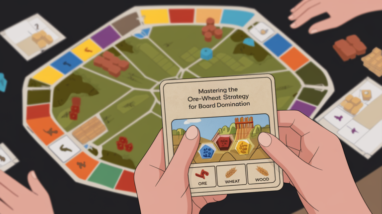 Illustration of a Catan board game with a focus on resource cards: ore, wheat, and wood.