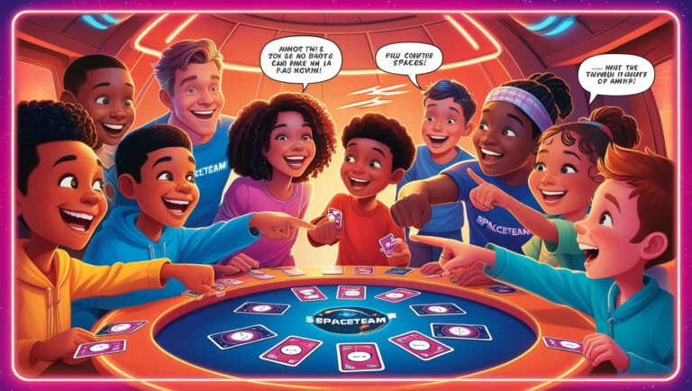 Kids playing Spaceteam card game on a spaceship table
