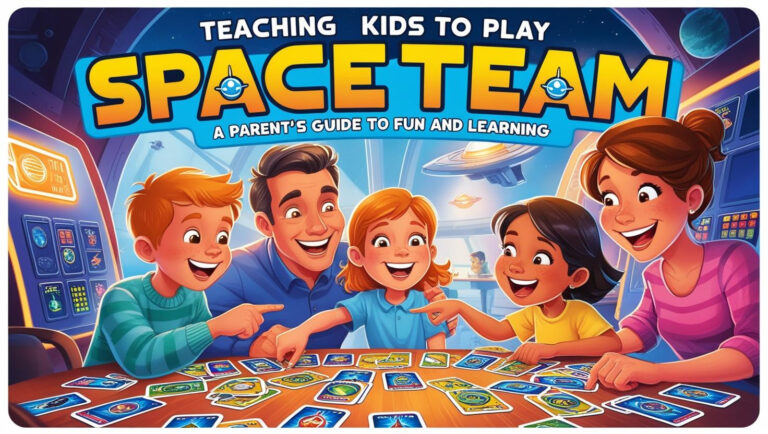 Illustration of a family playing the Space Team card game & Teaching Kids to Play Space Team: A Parent's Guide to Fun and Learning