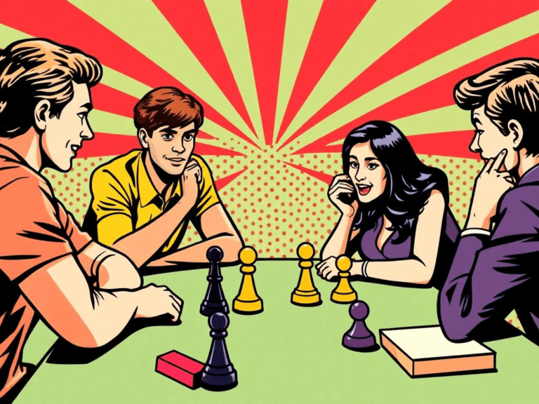A pop art illustration of friends playing a board game, showcasing social interaction and confidence-building.