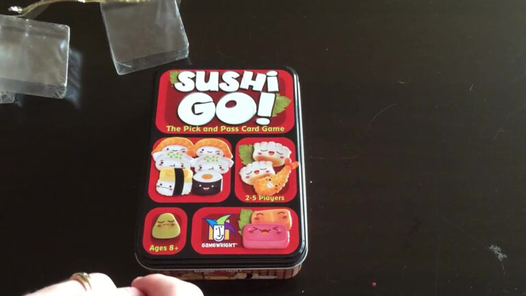 Sushi Go card game tin box featuring colorful sushi illustrations.