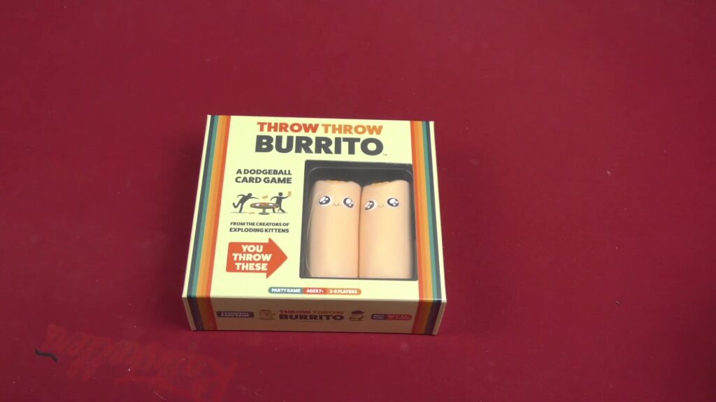Throw Throw Burrito card game box featuring a playful burrito illustration with googly eyes.