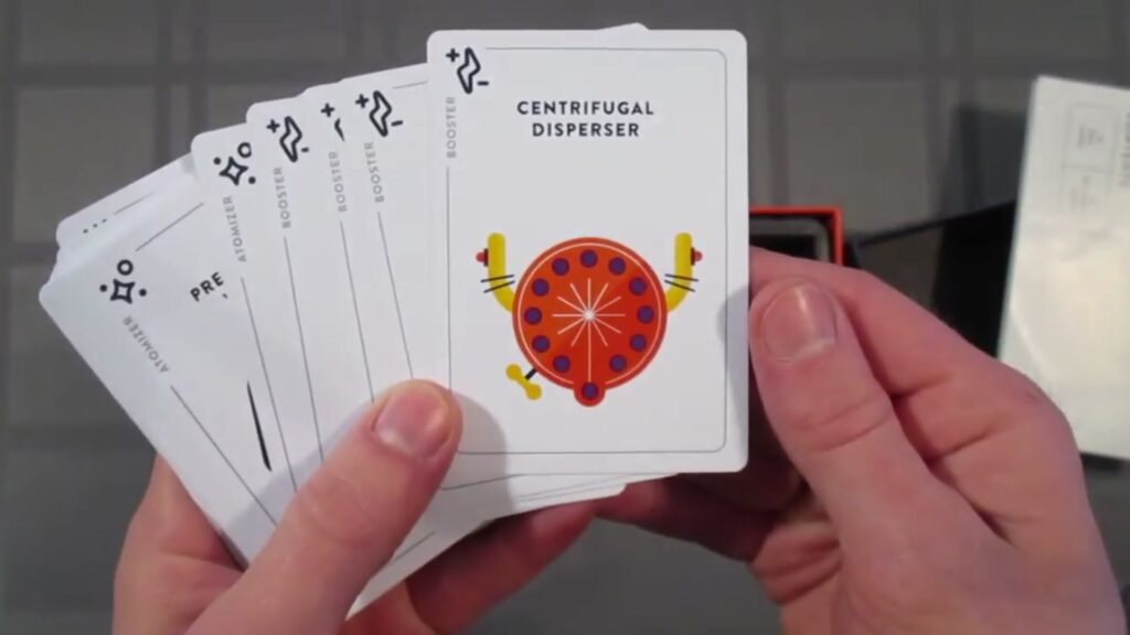 Spaceteam card game cards, including 'Arcball Pendulum' and other tool cards.