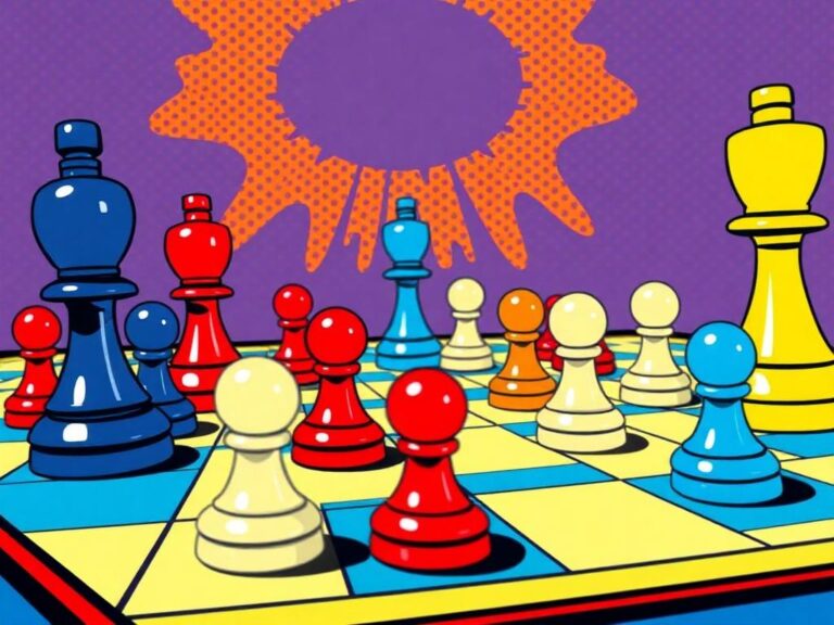 A vibrant illustration of a chess game with colorful pieces, symbolizing strategic communication.