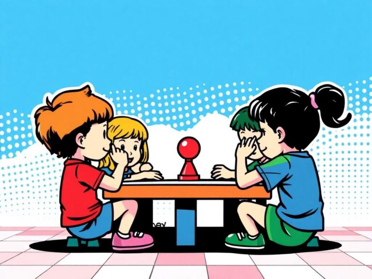 Three children playing a board game together, with one child appearing to be contemplating their next move.