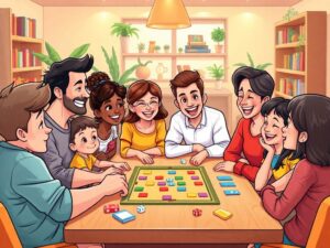 An illustration of a diverse group of people enjoying a board game together, showcasing the social and communicative aspects of gaming.
