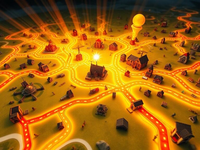 Illustrated board game map with glowing roads and buildings, centered on a bright light source