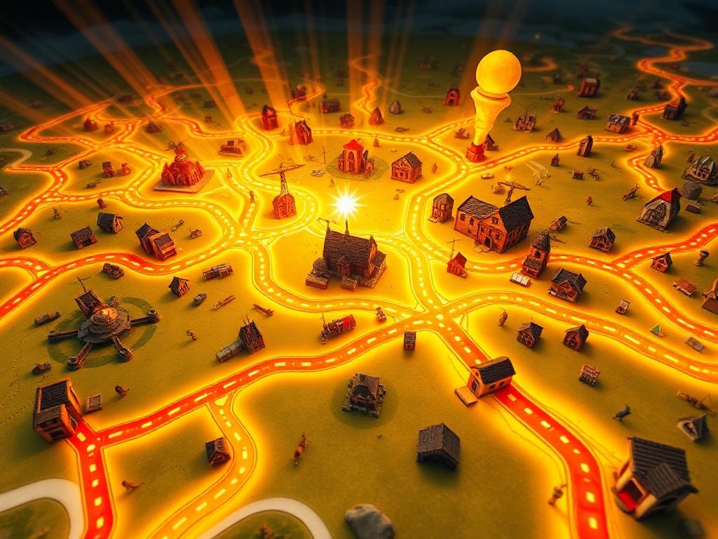 Illustrated board game map with glowing roads and buildings, centered on a bright light source