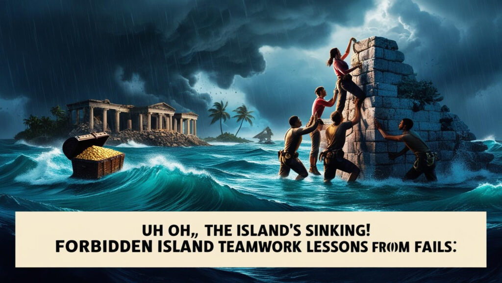 Players cooperating to build a structure in stormy waters, with a treasure chest and a sinking island from the Forbidden Island board game