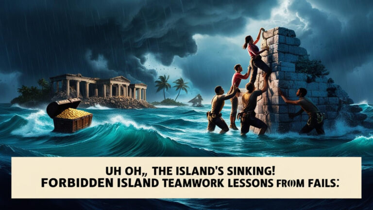 Players cooperating to build a structure in stormy waters, with a treasure chest and a sinking island from the Forbidden Island board game