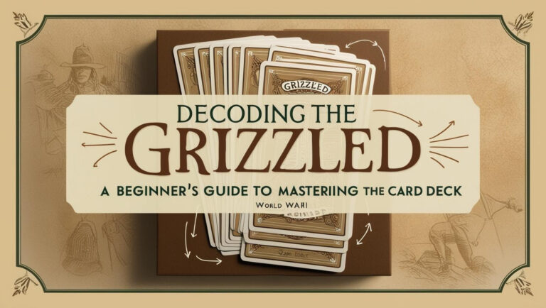 Image of a deck of cards from 'The Grizzled' with the text 'Decoding The Grizzled: A Beginner's Guide to Mastering the Card Deck,' surrounded by illustrations of WWI soldiers