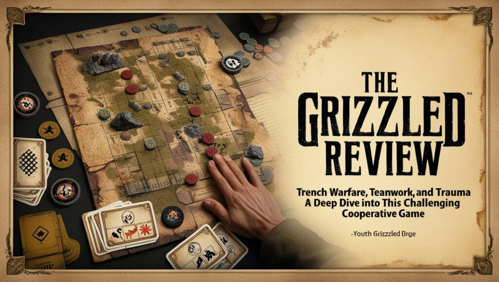 Image of a hand placing tokens on a game board with cards, representing a review of The Grizzled.