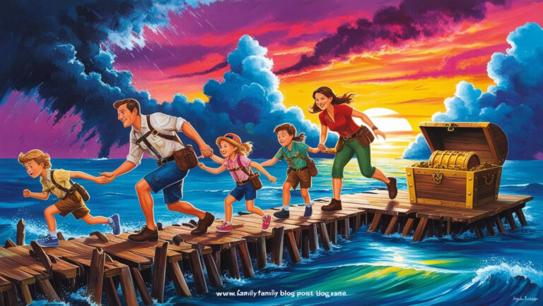 Illustration of a family working together to reach a treasure chest, symbolizing teamwork and adventure in the Forbidden Island board game