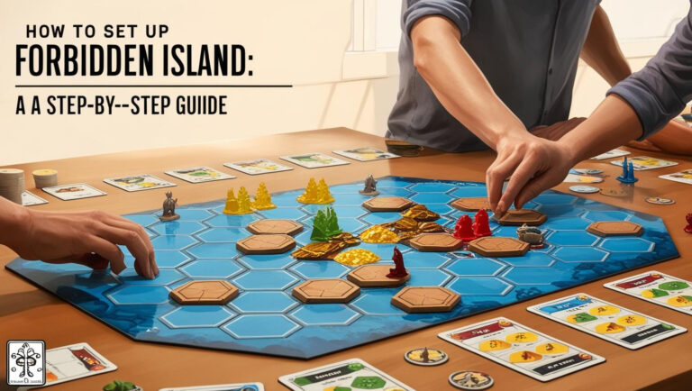 Two people setting up the Forbidden Island board game, with game pieces, cards, and tiles arranged on a table.