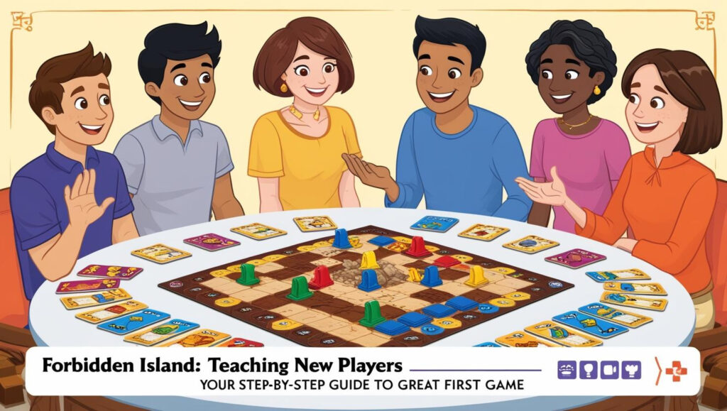 Illustration of a group of people gathered around a table, playing the Forbidden Island board game, with game pieces and cards laid out