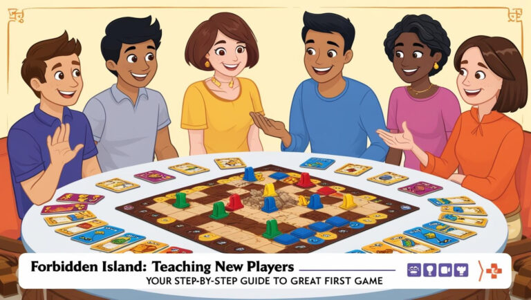Illustration of a group of people gathered around a table, playing the Forbidden Island board game, with game pieces and cards laid out