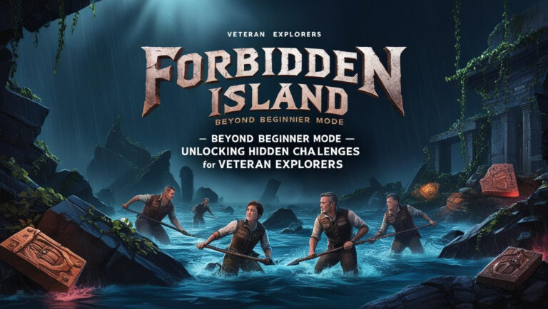 Forbidden Island: Beyond Beginner Mode - Unlocking Hidden Challenges for Veteran Explorers. Image shows adventurers navigating through a mysterious, ruined island with ancient artifacts