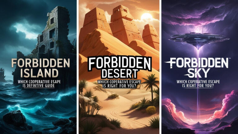 Forbidden Island vs. Forbidden Desert vs. Forbidden Sky: Which Cooperative Escape is Right for You? Definitive Guide. Image shows three different adventure settings: a stormy island, a sunny desert, and a cosmic sky with a spaceship
