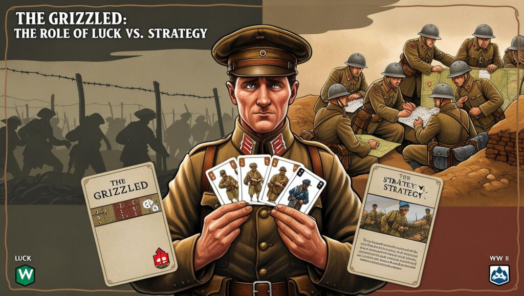 Illustration of a World War I soldier holding playing cards, with other soldiers strategizing in the background. Text reads: 'The Grizzled: The Role of Luck vs. Strategy.'