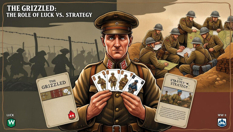 Illustration of a World War I soldier holding playing cards, with other soldiers strategizing in the background. Text reads: 'The Grizzled: The Role of Luck vs. Strategy.'