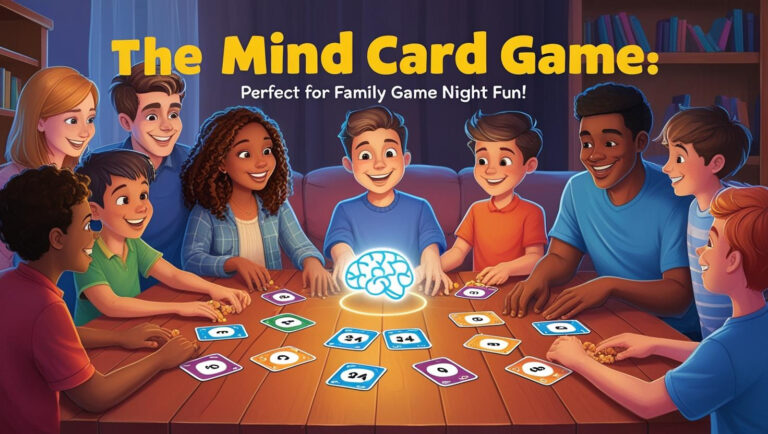 Family gathered around a table playing The Mind Card Game with numbered cards and a glowing brain icon.
