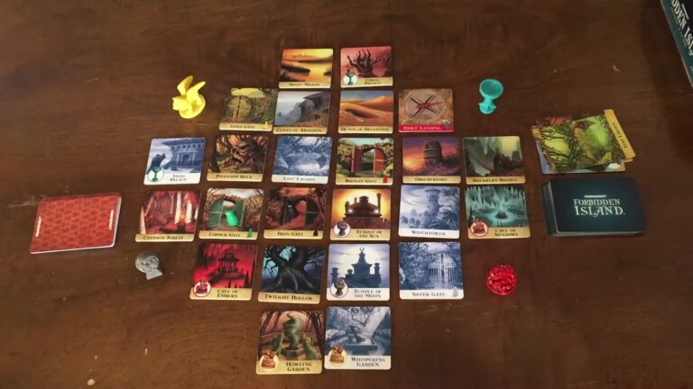 Forbidden Island board game setup with various cards and game pieces arranged on a table